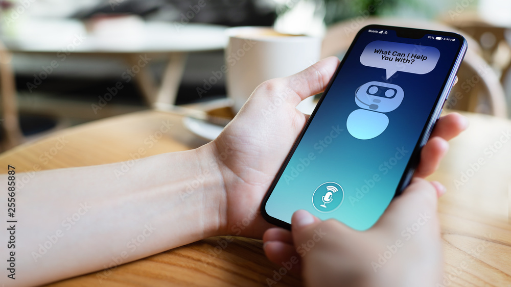 Poster customer and chatbot dialog on smartphone screen. ai. artificial intelligence and service automation