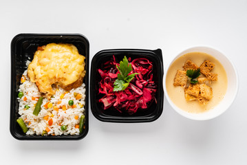 Meal delivery - soup, salad, rice and mea