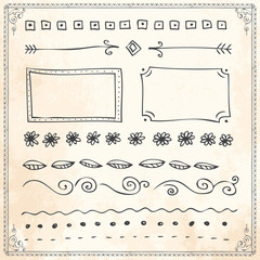 Hand drawn doodle line border frame elements set