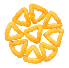 Cheese puff sticks, crunchy corn snack, unhealthy food.