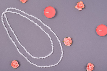 Decorative pink flowers composition, minimal background. Flat lay