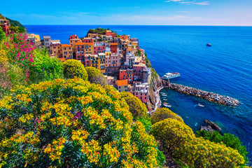 Colorful flowers and touristic fishing village, Manarola, Cinque Terre, Italy