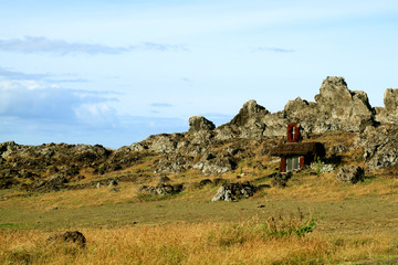 Small Church Decorated with Petroglyph Built on the Slope of Rocky Hill, Easter Island, Chile