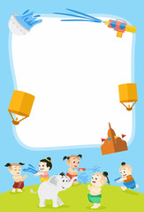 Songkran, Thai New Year Festival, Illustration of Thai Children Playing with Water, Vector