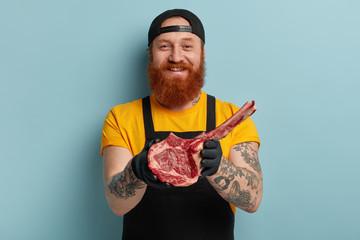 Positive meat cutter works in animal slaughtering, runs his own meat shop, carries fresh raw pork...