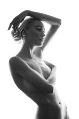 Graceful art Nude girl blonde erotic posing, clean smooth skin, thoughtful look of a woman. Large...