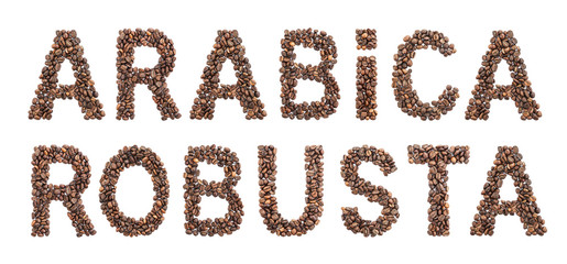 Arabica and Robusta words made from roasted coffee beans isolated on white background