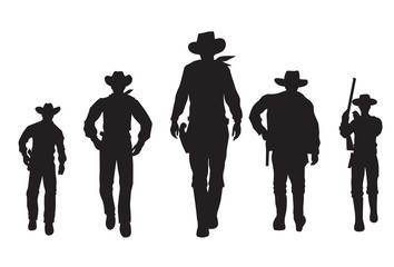Silhouette of five cowboys walking forward banner