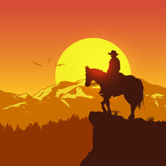 Silhouette of lonesome cowboy riding horse at sunset, Vector Illustration