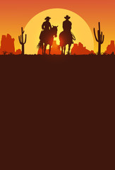 Silhouette of Cowboy couple riding horses at sunset, vector