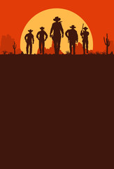 Silhouette of five cowboys walking forward banner