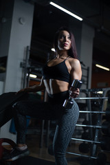 Fitness girl trains biceps with dumbbells in the gym.