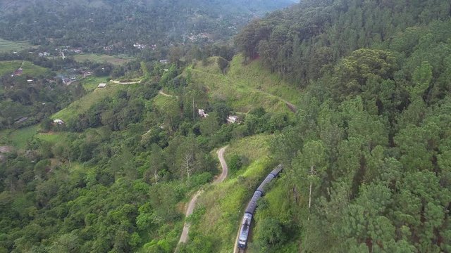 Aerial. Train from Ella to Kandy in mountains. Sri Lanka.