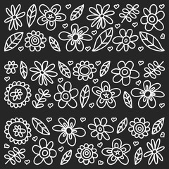 Vector set of child drawing flowers icons in doodle style. Painted, black monochrome, chalk pictures on a blackboard.