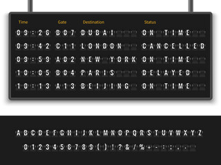 Airport board. Font alphabet info panel arrival departure display timetable destination flight terminal illustration