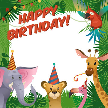Jungle animals party card. Happy birthday baby shower greeting tropical zoo celebrate kids invitation template
