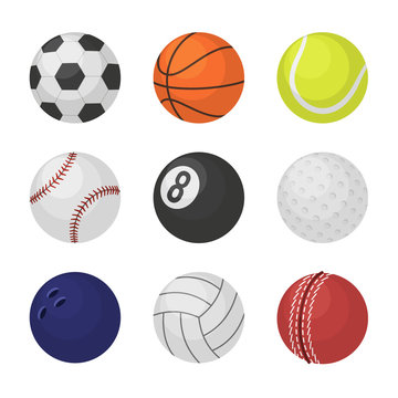 Ball collection. Sports equipment game balls football basketball tennis cricket billiards bowling volleyball symbols