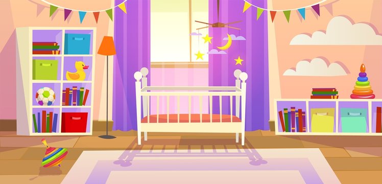 Baby room. Interior nursery bedroom newborn furniture cot children toys family lifestyle kid playroom, cartoon image