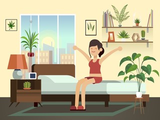 Woman morning. Happy fun young healthy awakening person relax in bed getting up bedroom vector cartoon illustration