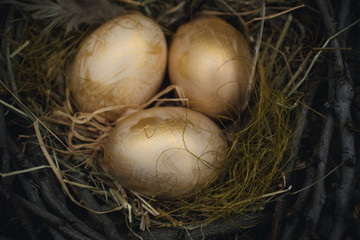 Golden bird eggs in a nest of tree branches and hay on a wooden background.