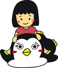 little girl is riding penguin back