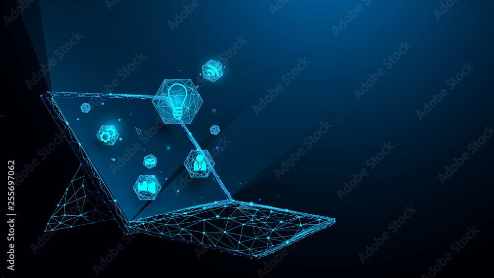 Leinwandbilder Laptop with technology icons from lines, triangles and particle style design. Illustration vector