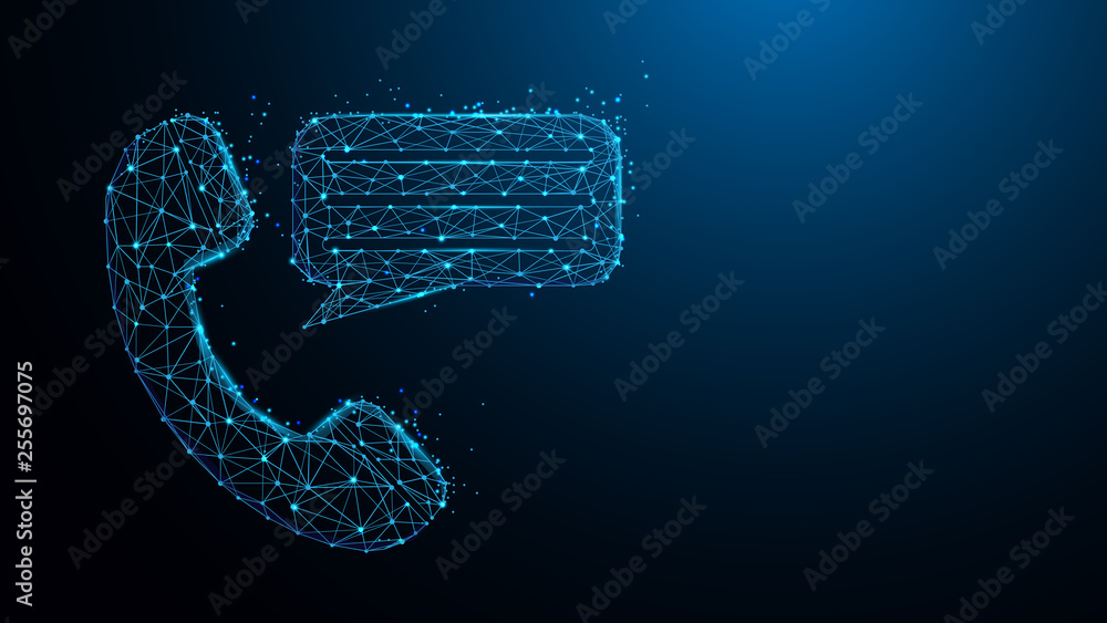 Poster phone with chat messages icon from lines, triangles and particle style design. illustration vector