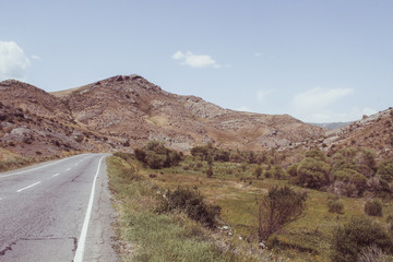 Armenian long road with mountains and green fields