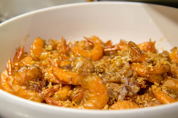 A shrimp with garlic In white dish