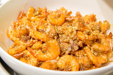  shrimp with garlic In white dish