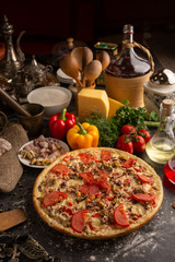 Seafood pizza for a restaurant menu.