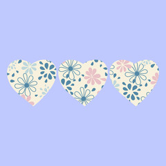 Hearts painted with flowers. Decor for greeting cards, posters, invitations and more, vector illustration