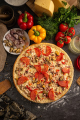 Seafood pizza for a restaurant menu.