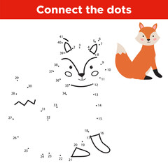 Dot to dot game, numbers game for children. Cartoon vector fox. Forest animals.