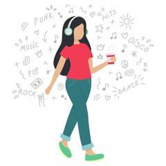 Girl in headphones listening to music while walking. Woman has coffee in her hands. Vector flat illustration. Hand drawn doodle.