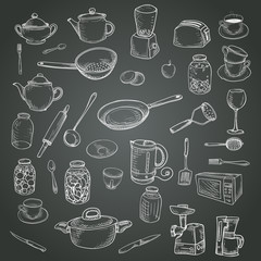 Big set of sketches of dishes and kitchen appliances.