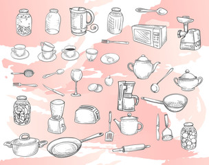 set of sketches with kitchen utensils. white dishes on a pink background