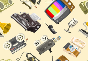 Vintage devices Seamless pattern. Retro tech media, Television tv, Audio radio music, Electronic sound recorders, Movie Camera, Typewriter and Console, Vinyl player. Gadgets and Multimedia technology.