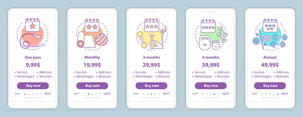 Fototapeta premium Fitness subscription onboarding mobile app screens prices