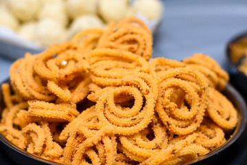 Murukku, a famous Indian savory snack. 
