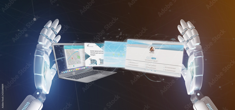 Poster cyborg hand holding a website application going out a laptop screen 3d rendering