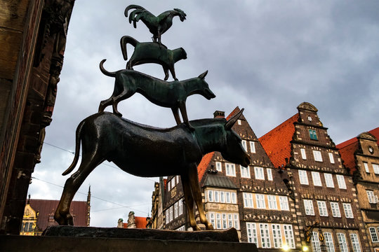 A bronze statue depicting the Bremen Town Musicians in Bremen, Germany. March 2019