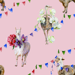 Watercolor seamless pattern of  cartoon alpaca, cute llama and ostrich with orchids, peonies and ribbons. Use as wallpaper, textiles, nursery room decor and children's clothing illustration. - 255700293