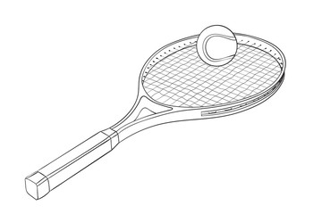 Tennis racket with a ball. Hand drawn sketch