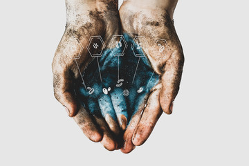 Hands of a child with dirty water. Epidemic, viruses, bacteria in water, diseases of dirty hands. Problems of environmental pollution ecology - obrazy, fototapety, plakaty