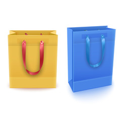 Set of shopping bags from plastic or paper with handles on white background, shopping bags of yellow and blue colors, vector illustration