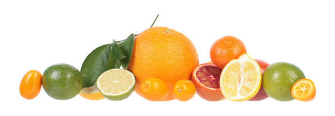 Composition of different fresh citrus fruits isolated on white background