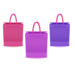 Set of shopping bags from plastic or paper with handles on white background, shopping bags of blue, pink and purple colors, vector illustration