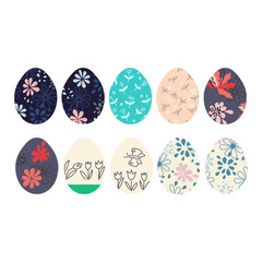 10 Easter eggs icons. Eggs painted with flowers. Vector illustration.