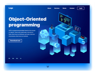 Website providing the service of object-oriented programming. Concept of a landing page for object-oriented programming. Vector website template with 3d isometric illustration of a devices programming